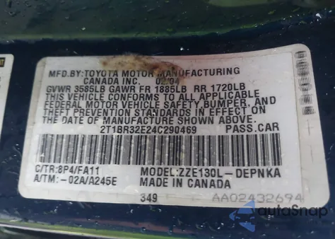 2004 Toyota Corolla Le из США, поврежденный, VIN 2T1BR32E24C290469